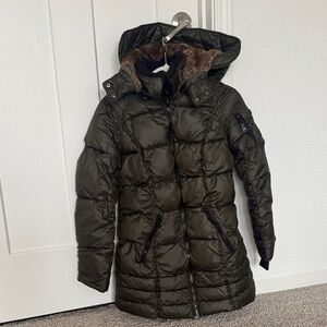 Olive Green Puffer Coat with Faux Fur Hood